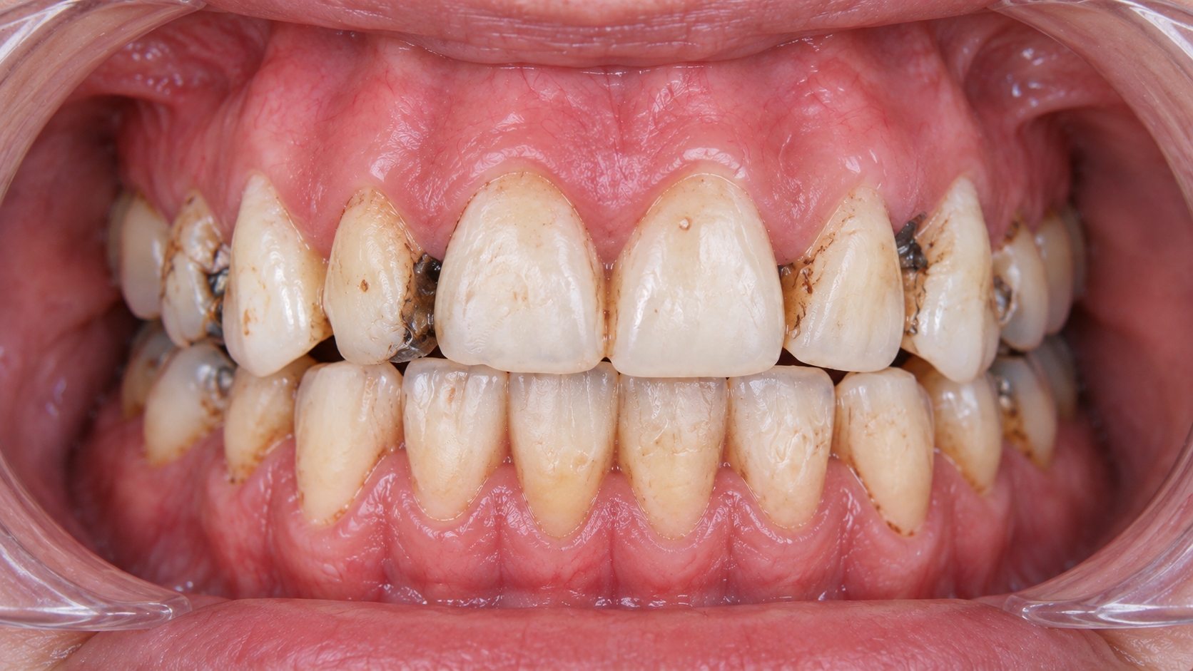 Digitally reconstructed illustration: Before treatment, Full-arch implant restoration