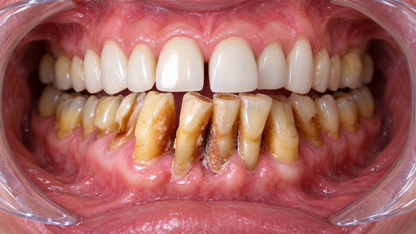 Digitally reconstructed illustration: Before treatment, Fixed temporary teeth